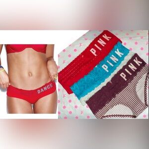 3 Victoria’s Secret bling Pink Panties bundle pink cotton lace hipster glitter